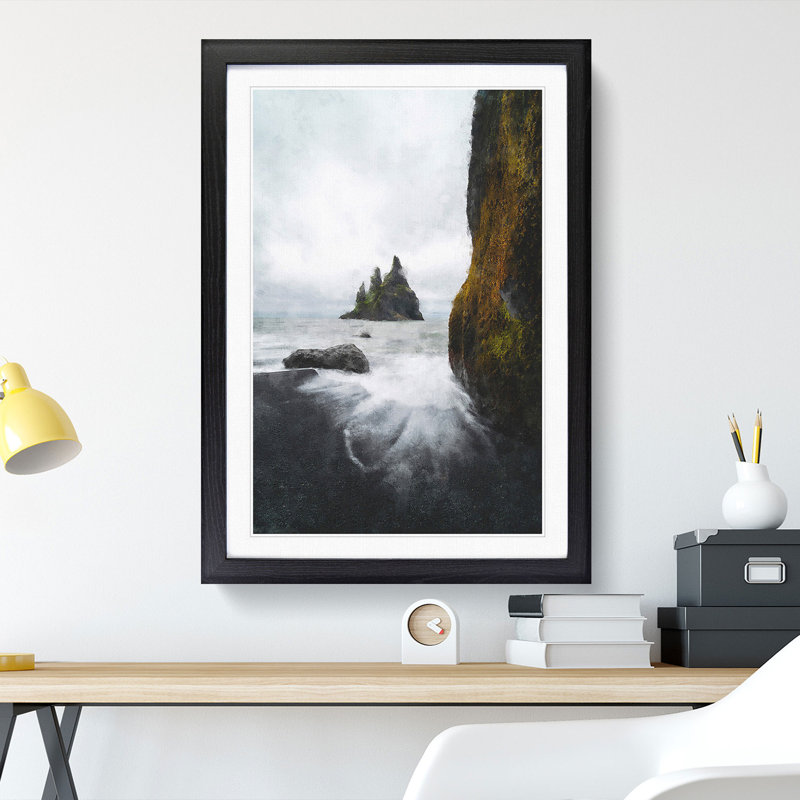 Ocean View from Black Sand Beach Iceland - Picture Frame Painting Print, 63cm H x 45cm W x 2cm D, Black Framed