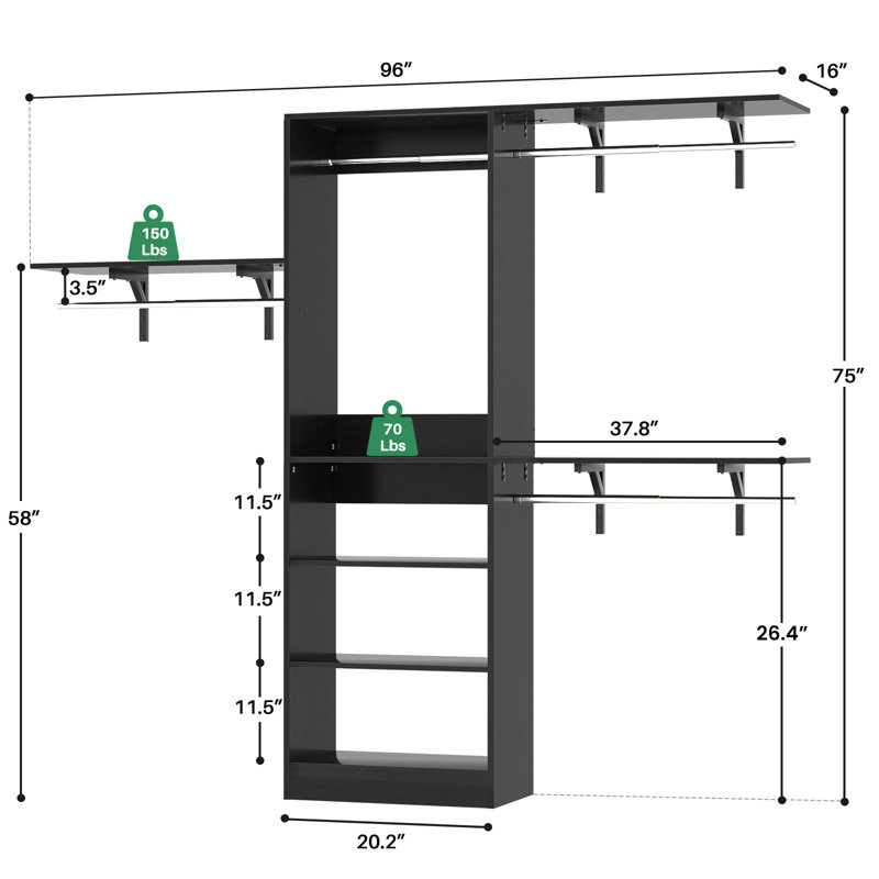 Jhania 20.2'' - 96'' Closet System (Can Be Cut To Fit), Black