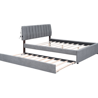 Lit plateforme tapissier avec lit gigogne simple TG et revêtement paisible en molleton gris