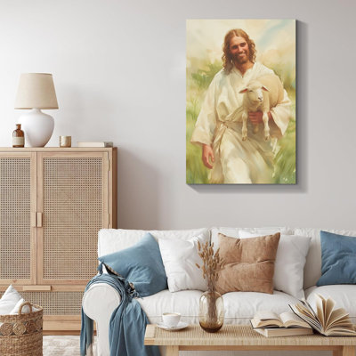Jesus with Lamb in Sunny Pasture - Christian Faith Wrapped Canvas Print Wall Decor