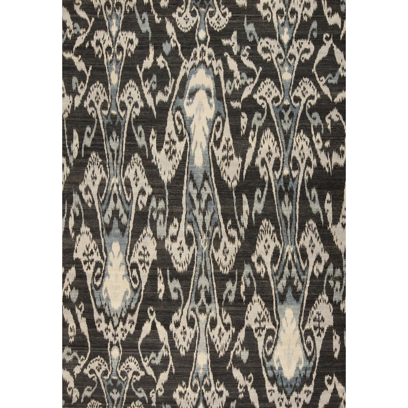 Tapis gris anthracite en laine noué à la main Jazz Ikat, Rectangle 6 pi x 9 pi