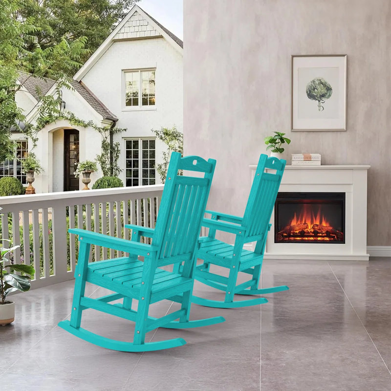 Ensemble de 2 chaises berçantes d'extérieur en plastique surdimensionnées toutes saisons Adirondack, Bleu