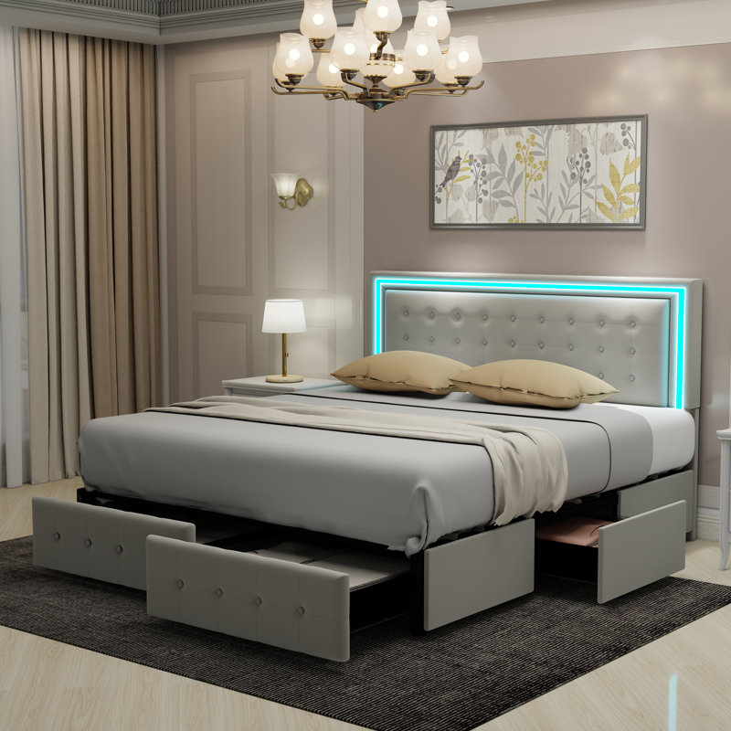 Led Bed Frame With 4 Storage Drawers, Smart Control RGB LED Lights On  Headboard,With Remote Control, Upholstered Adjustable Headbaord