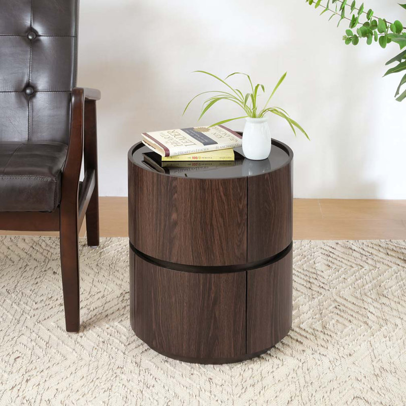 TABLE RONDE DE RANGEMENT DOUBLE COUCHE EN MDF ET HAUTE QUALITÉ, BRUN ET NOIR