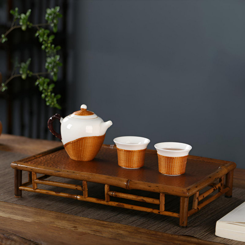 Vintage Elegance · Handmade Hammer Patterned Copper Tea Table | Bamboo Teapot Tray | Household Dry Brewing Plate And Tea Set Storage Plate