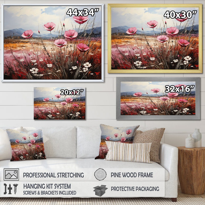 «Pink Crimson Flower Meadow Field» sur impression sur toile, Cadre simple noir, H 34 po x l 44 po x P 1,5 po