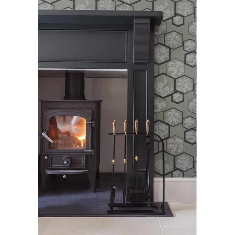 Steel Fireplace Tool Set, Matt Black/Gold