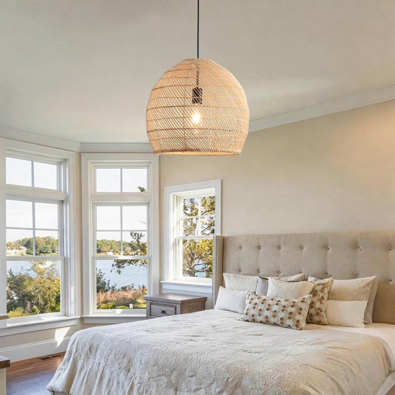Rattan Pendant Light, Natural Wicker Shade, Iron Frame, Adjustable Height, E27 Socket, 40 Cm Diameter, For Dining Room Hallway (Bulb Not Included)