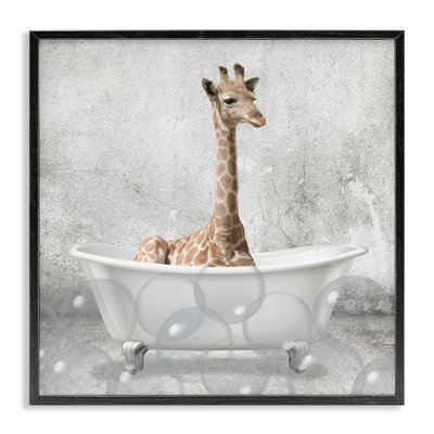 Baby Giraffe Bath Time Cute Animal Design Black Framed Giclee Texturized Art by Kim Allen