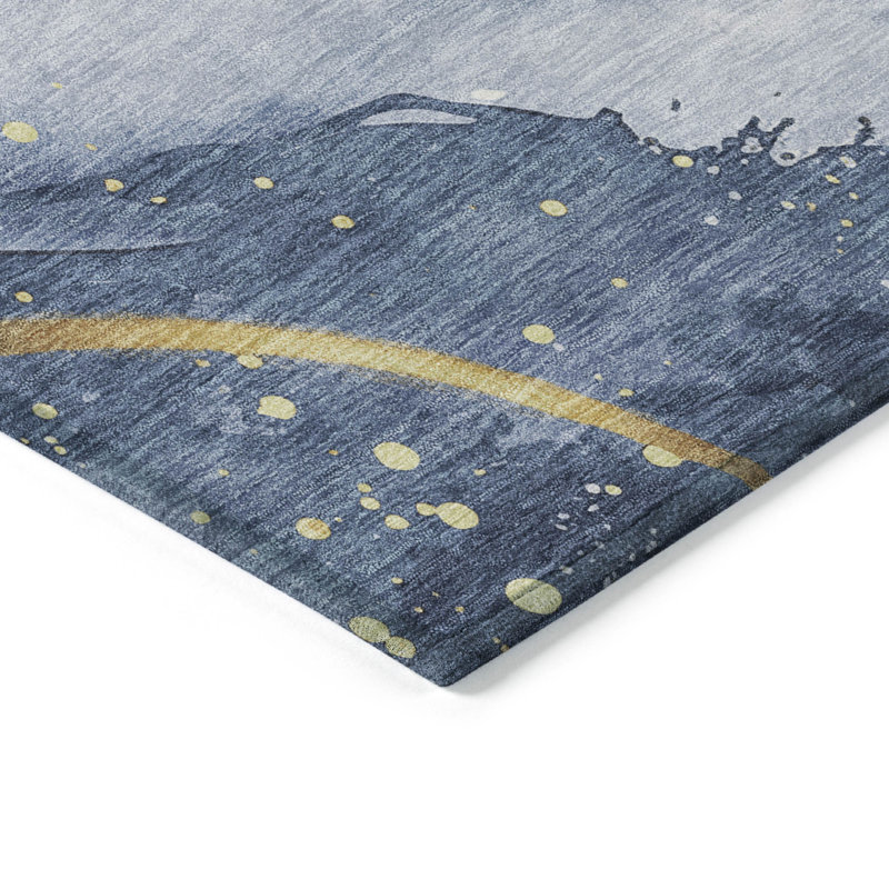 Tapis d'extérieur lavable abstrait bleu et or 10 pi x 14 pi