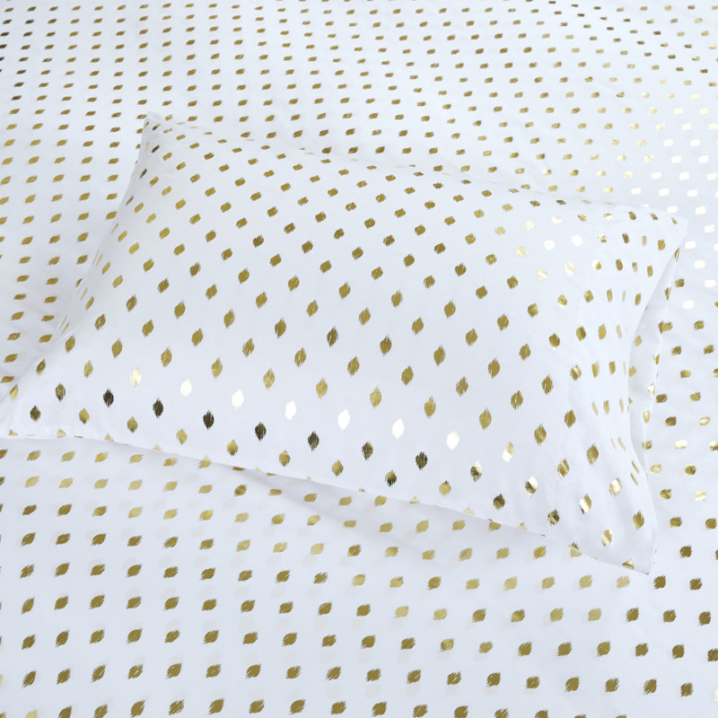  Metallic Polka Dot Printed Sheet Set, Twin Sheet Set + 1 Fitted Sheet + 2 Pillowcases, White/Gold