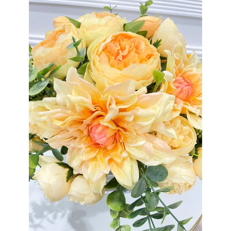 Faux Peony Floral Arrangement In Square Glass Vase