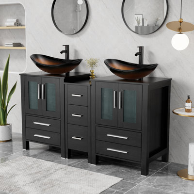 Ensemble de meuble-lavabo à double cuve 60 "avec lavabo vasque, plateau en bois manufacturé, robinet et bonde Sharee