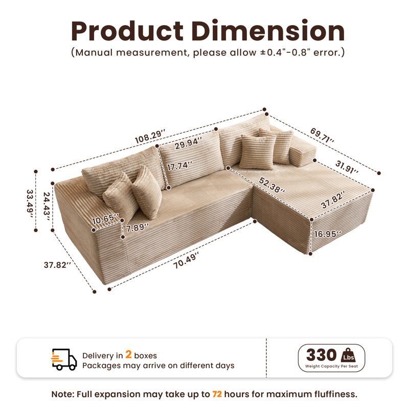 Vivelle 108'' Cloud Upholstered Sectional Couch With Chaise L-Shape Modern Modular Sofa For Living Room Bedroom No Assembly Required