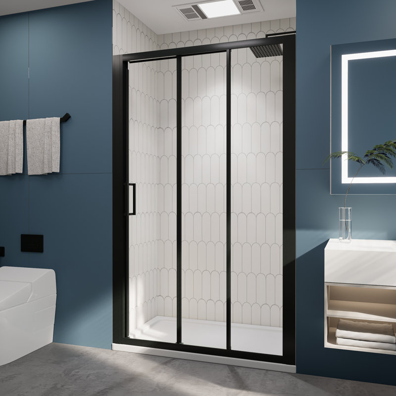 48" W x 70" H 3-Panel Sliding Framed Shower Door - SGCC Tempered Glass & Matte Black Frame, Matte Black