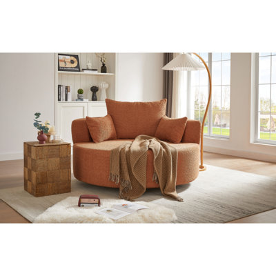 Fauteuil pivotant 360 ° avec housse en chenille - rouge orange, grand siège, coussins amovibles, pour chambre à coucher, salon, rembourrage luxueux de bureau rouge, coussins confortables pour toutes les pièces
