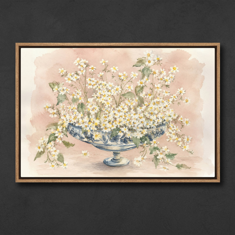 «White Daisy Bouquet in Blue Pedestal Bowl», reproduction d'art encadrée, 24" H x 36" W, Natural