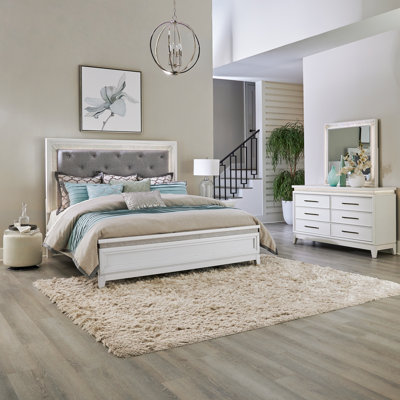 Oxford California King Upholstered Bed, Dresser & Mirror