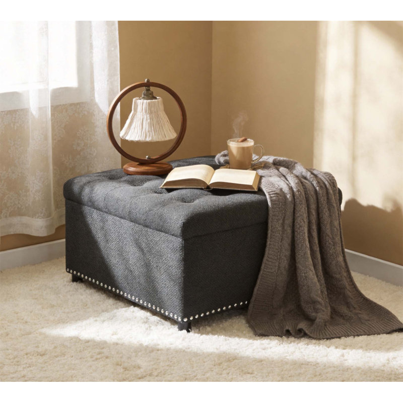 Repose-pieds capitonné avec rangement clouté, idéal pour les petits espaces et l'organisation à la maison, Gris foncé