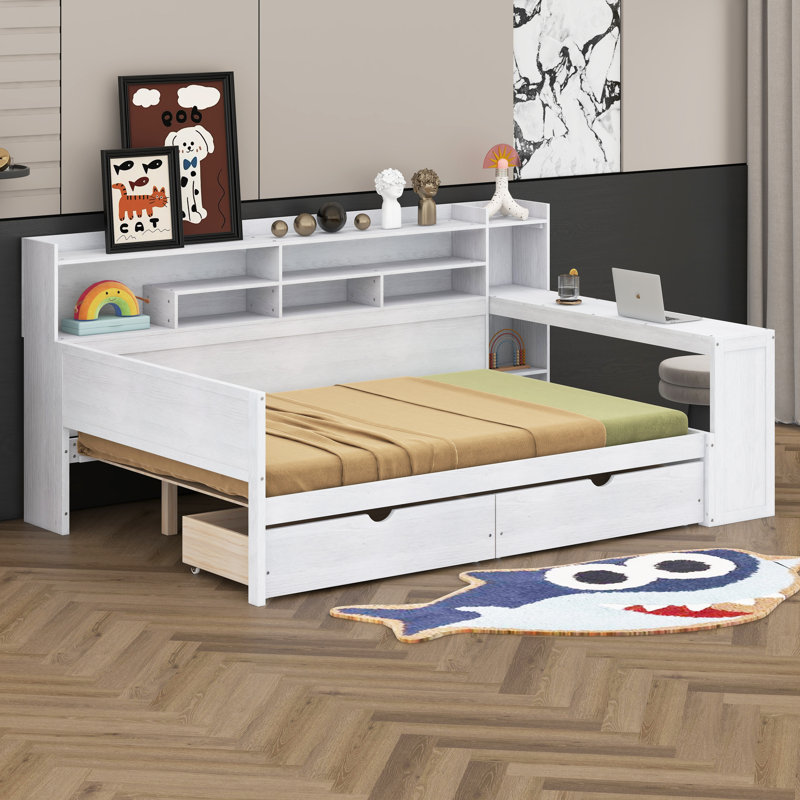 Tiaisha Full Size Multi-functional Bed with Two Storage Drawers and Study Desk, Antique White