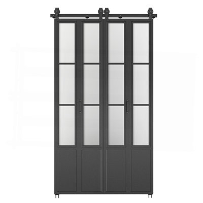 48 po X 84 po Portes de grange pliables en verre noir givré 3/4 3/4 lites avec ensemble de quincaillerie et poignée de porte