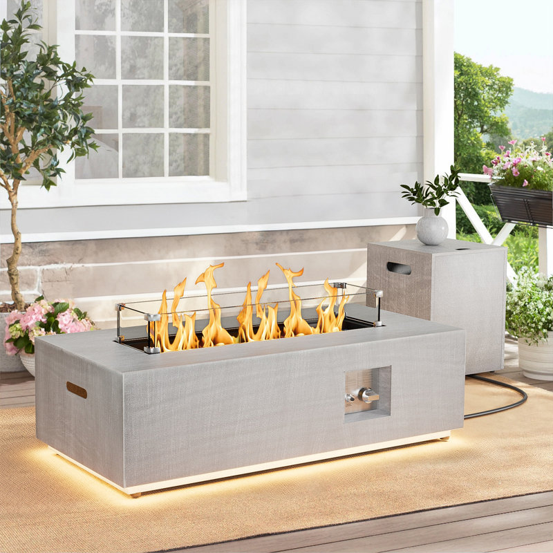 12.6’’ H X 42’’ W Metal Propane Outdoor Gas Fire Pit Table With Golden Light, Light Gray
