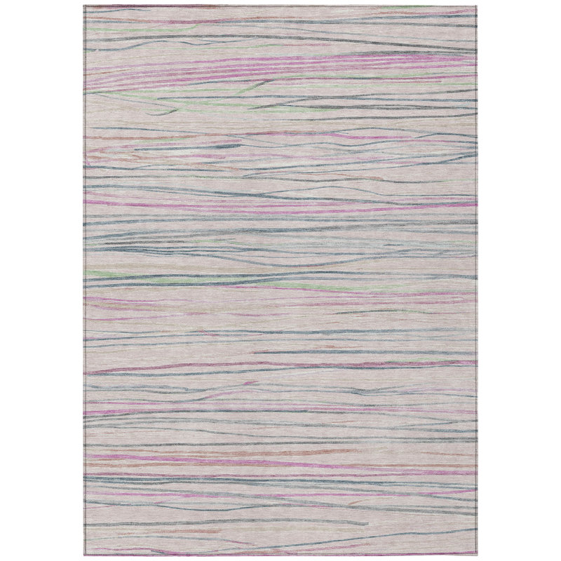 Pink and Gray Striped Synthetic Washable Rug 3' x 5'