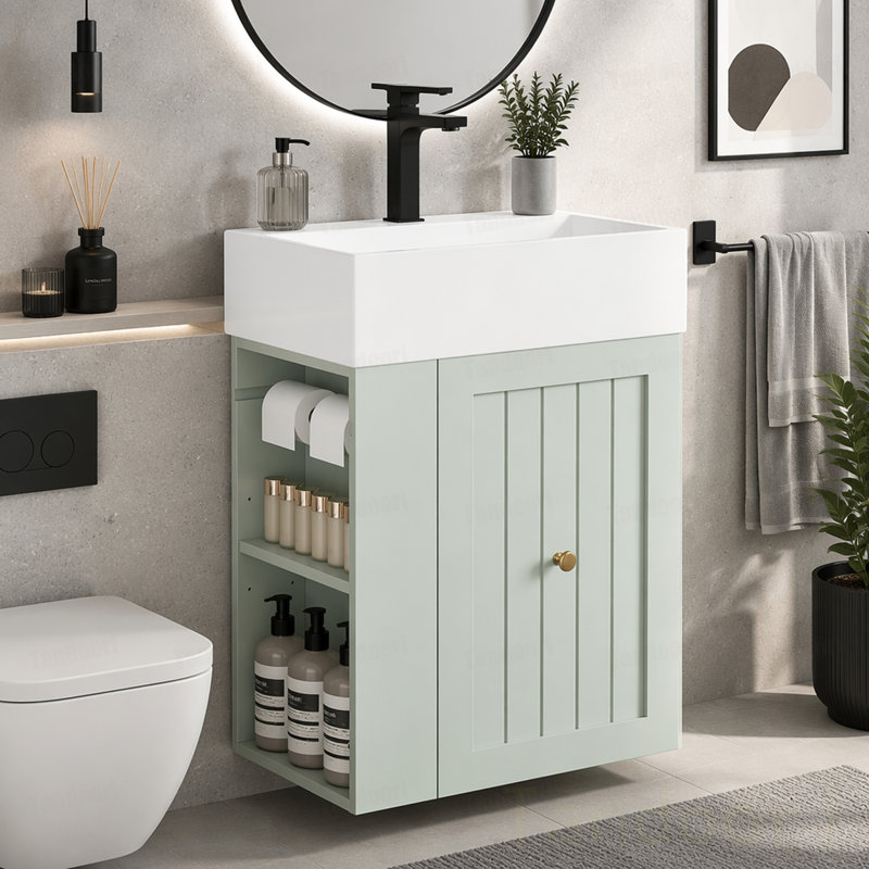 Meuble-lavabo pour salle de bain avec lavabo en céramique, armoire de rangement en panneau de fibres à densité moyenne avec tiroir, tablette latérale et poignée dorée - meuble-lavabo moderne pour les petites salles de bain