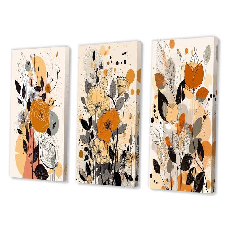 «Retro Terracotta Wildflowers Illustration VII», 3 pièces sur toile, Toile tendue, H 32 po x l 48 po