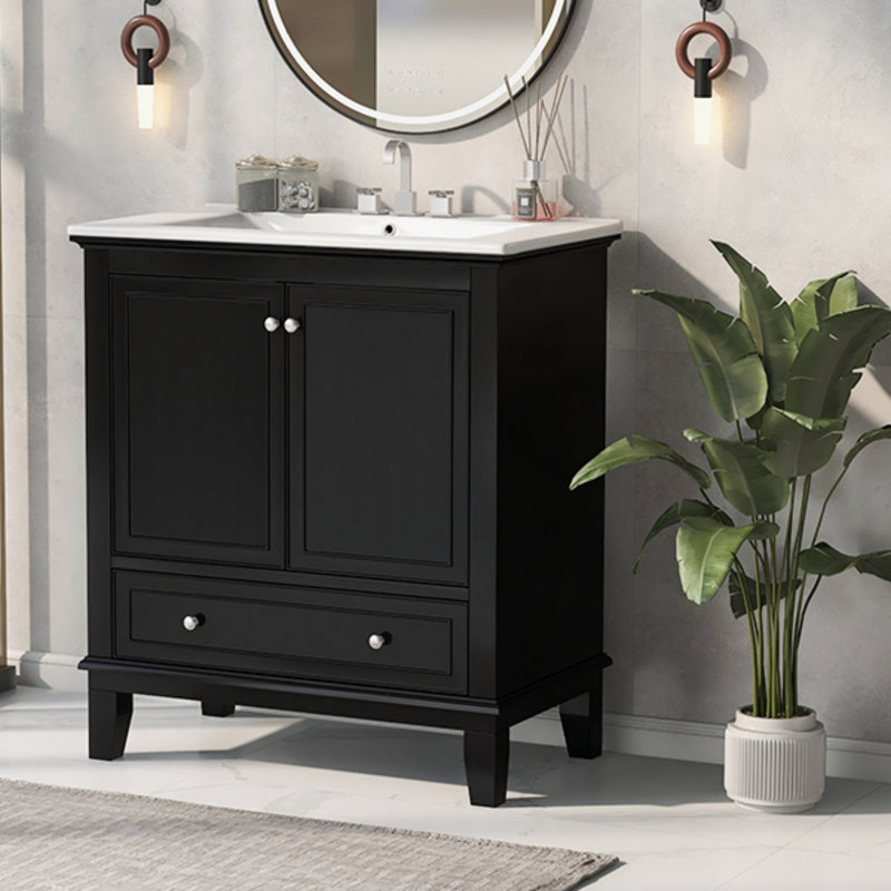 30 Inch Bathroom Vanity With Sink, Multi-Functional Storage Cabinet, Solid Wood And MDF Board, Black Finish