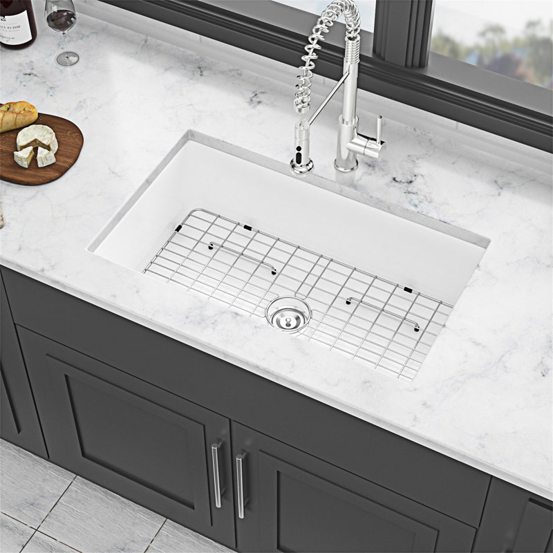 32" White Ceramic Undermount Single Bowl Kitchen Sink
