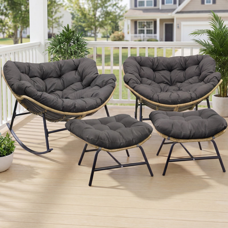 2-Person Outdoor Rocking Chair Set with Cushions and Ottomans, Gray