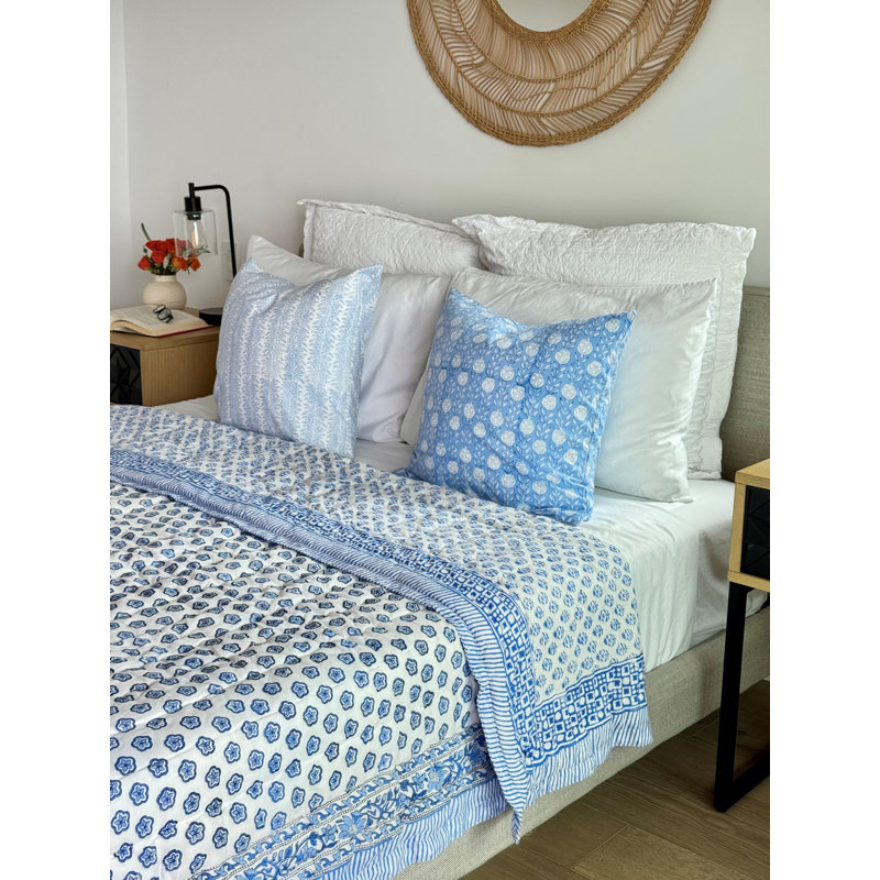Hand Block Print Cotton Quilt and Bed Spread, Blue&White, Twin