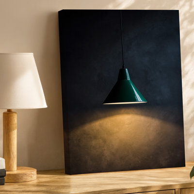 Canvas A Vintage Green Pendant Lamp With A Glossy Conical Shade Wall Art Hangs Gracefully From The Ceiling Casting A Warm Focused Canvas Wall Art