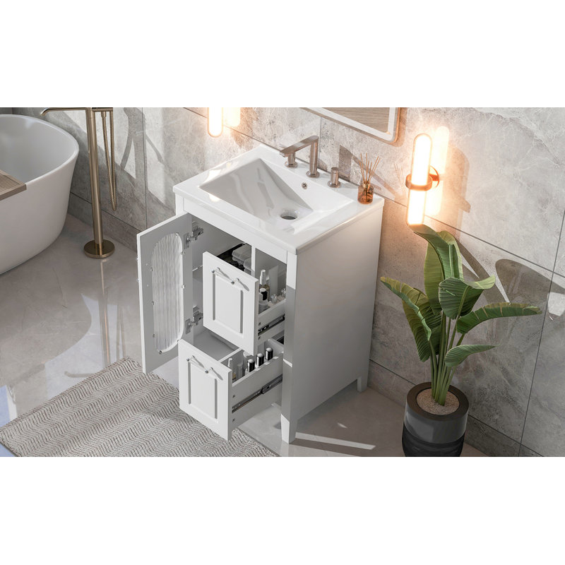24" Bathroom Vanity With Sink, Bathroom Vanity Cabinet With Two Drawers And Door, Adjustable Shelf, Solid Wood And MDF, White