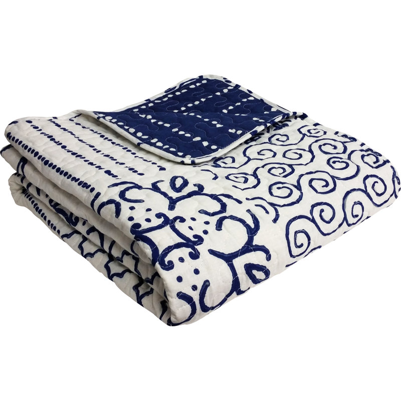Monique Blue and White Cotton Reversible Throw Blanket