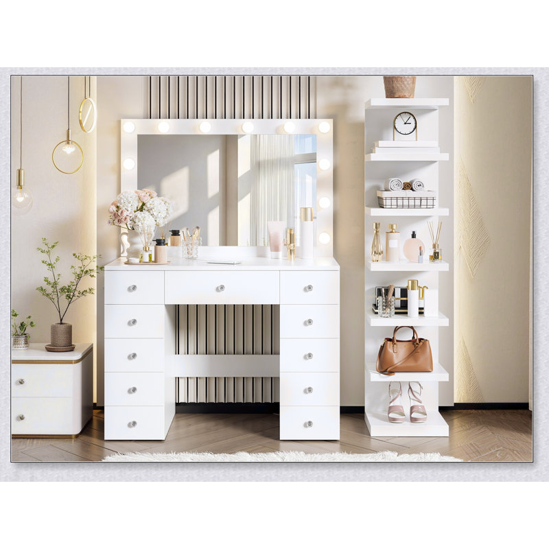 Élégant meuble-lavabo avec 11 ampoules Hollywood, 7 rangements et 11 tiroirs, 3 modes d'éclairage couleur et une prise de courant