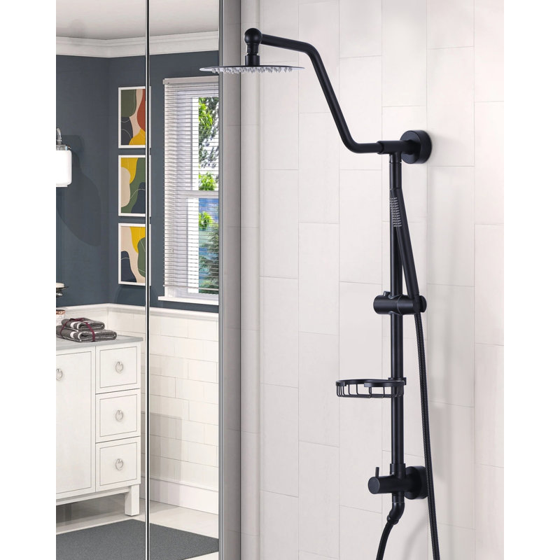 1-Spray Multifunction Round Wall Bar Shower Kit with Swivel Shower Head, Hand Shower and Soap Caddy, Matte Black