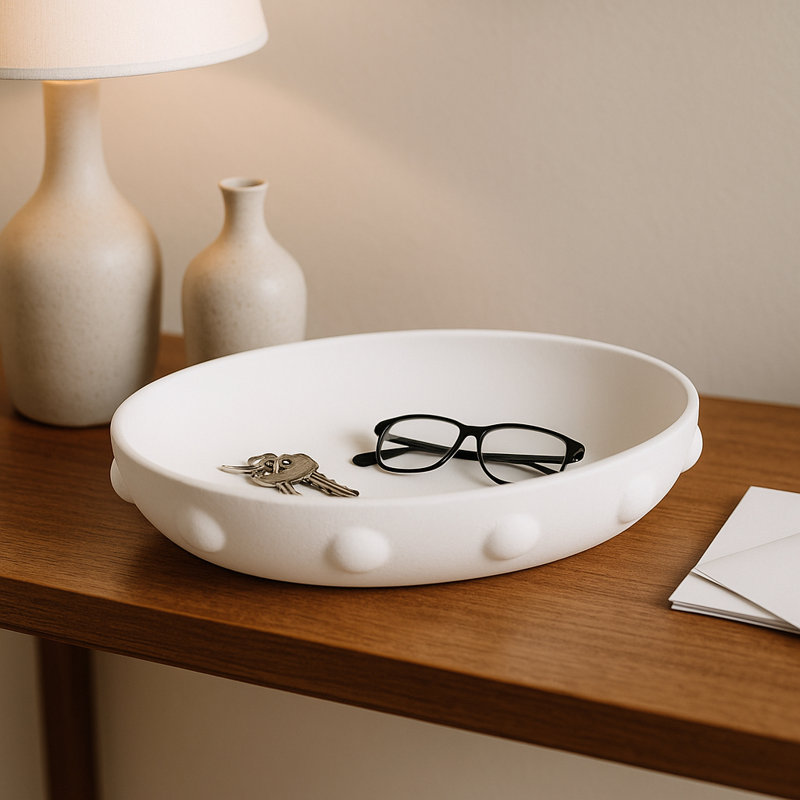 Round Textured Decorative Bowl with Raised Dot Accents - Modern Terracotta Accent Bowl for Home Decor Centerpiece or Console Display - 14", White