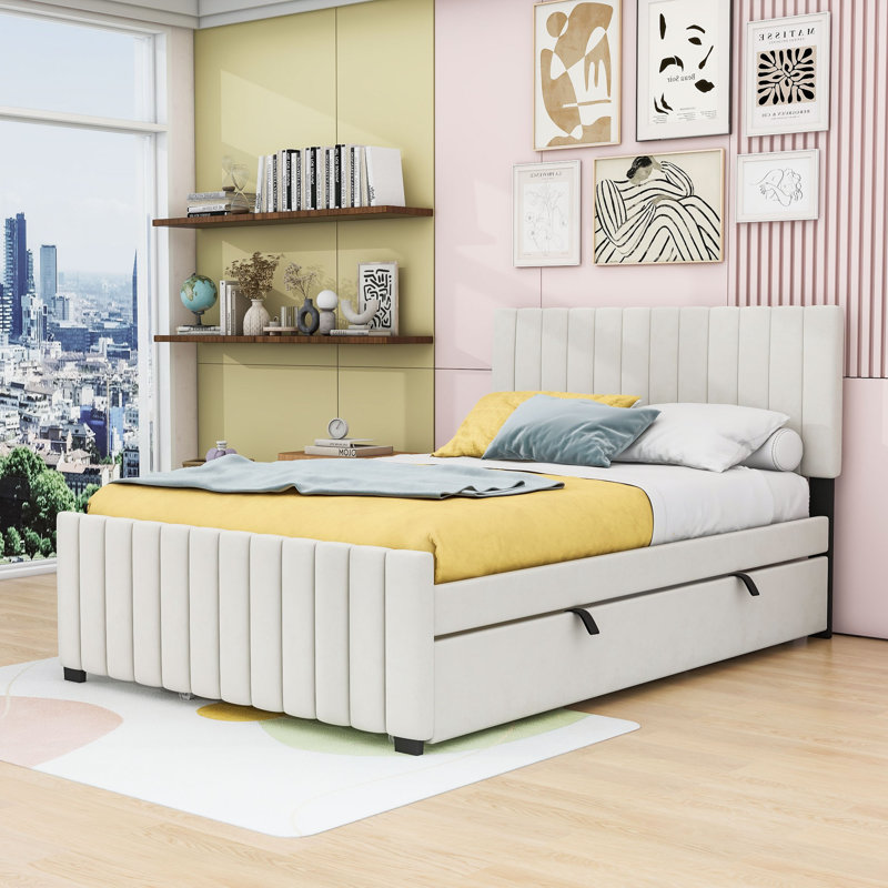 Elegant Velvet Upholstered Bed with Twin Trundle, Beige, Full