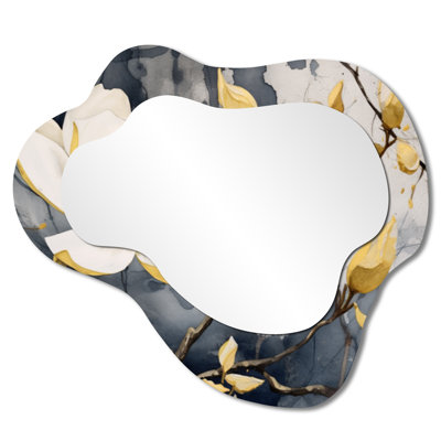 Oversized Floral Irregular Accent Mirror – Yellow Grey Magnolias Nature Elegance III, Metal Print