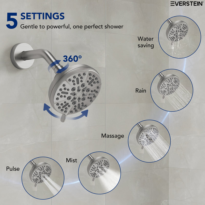 Dual-Function Shower Faucet System, Showerhead and Hand Shower with 5 Spray Settings, Brushed Nickel
