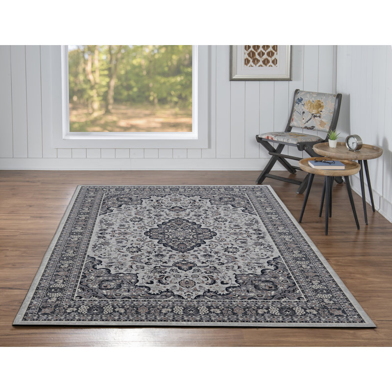 Tapis traditionnel gris anthracite tissé à plat tissé à la machine avec envers antidérapant Emanuel 