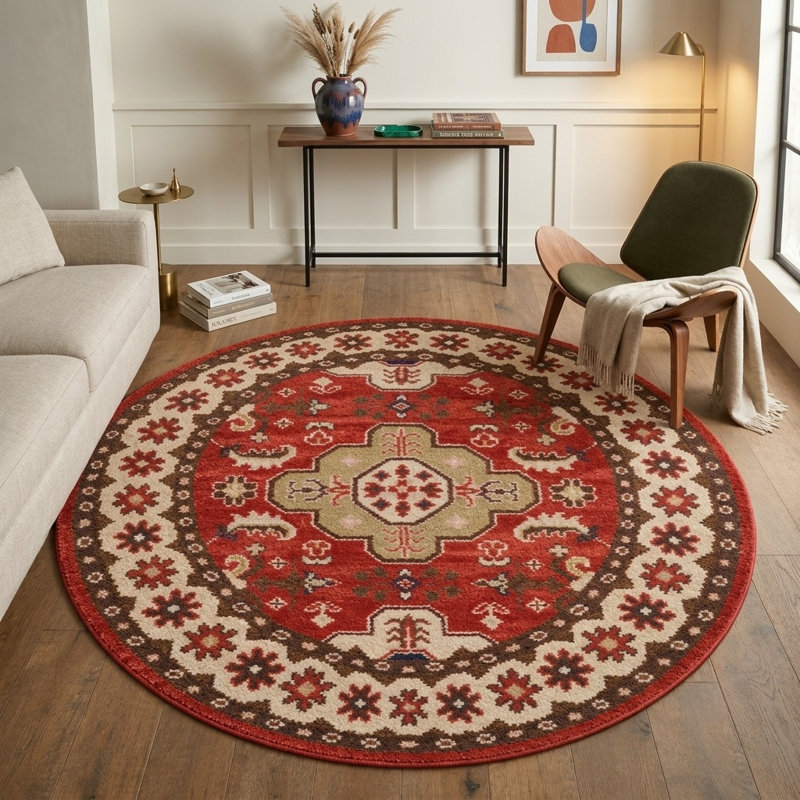 Tapis d'intérieur rond oriental en soie et laine rouge crème, noué à la main, Round 4'