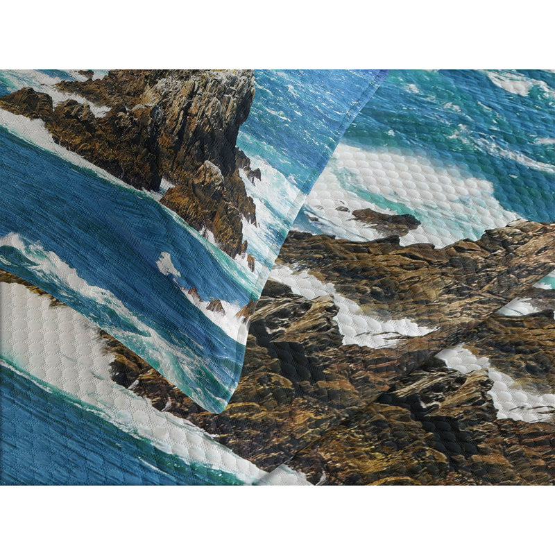 King Size White Quilted Bedspread Set with Ocean Print