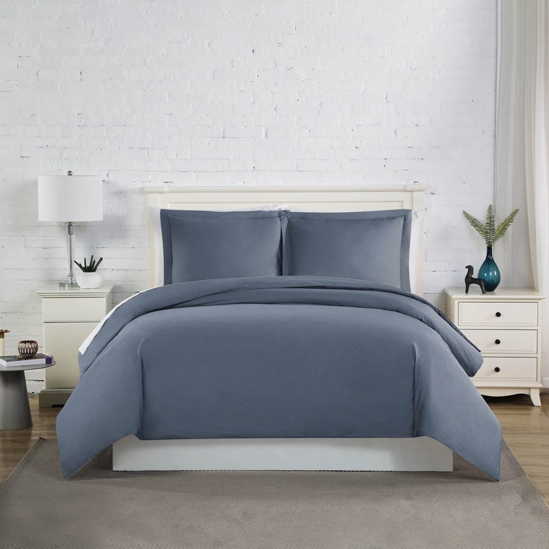 Classic Collection Cotton Duvet Cover Set, Queen Duvet Cover + 2 Standard Shams, Steel Blue