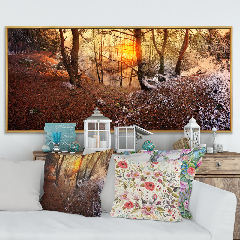 Première neige dans un paysage de forêt d'automne - photographie sur toile, Cadre doré, H 24 po x l 36 po x P 1 po