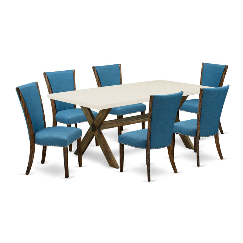 Ensemble de table de salle à manger 7 pièces composé d'une table de salle à manger rectangulaire avec pieds en X et 6 chaises rembourrées en tissu de couleur bleue, jacobin vieilli