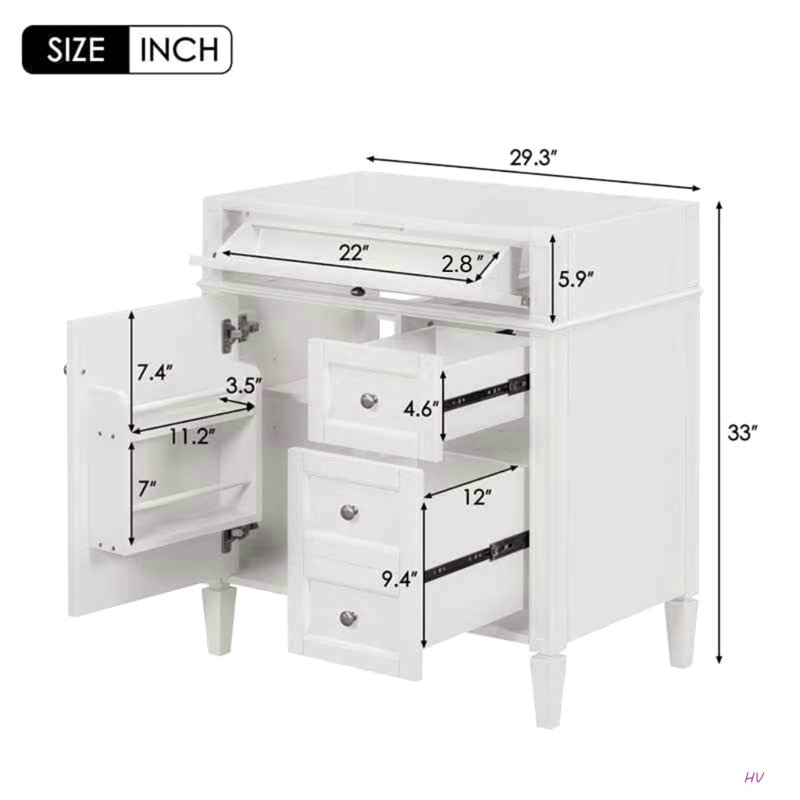 Meuble-lavabo de salle de bain de 30 po sans lavabo supérieur, armoire de rangement moderne avec 2 tiroirs et un tiroir rabattable (BASSIN INCLUS)