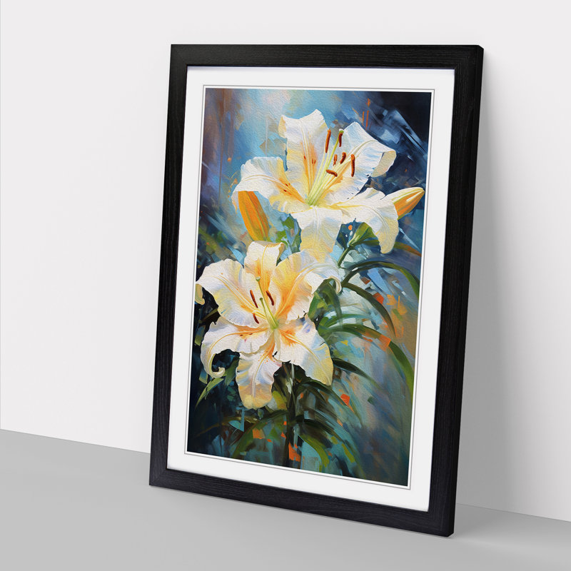 Lily Flower Impressionism - Single Picture Frame Print on Wood, 64cm H x 46cm W x 2cm D, Black